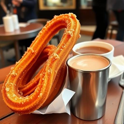 Churros crujientes con chocolate caliente en un caf&eacute; en Madrid