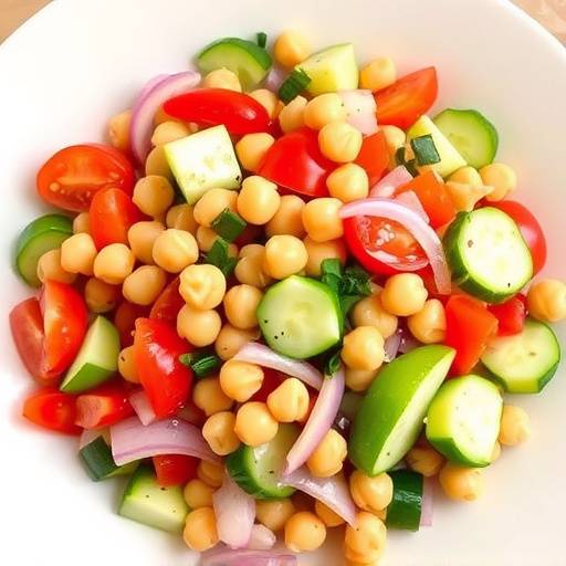 Ensalada de garbanzos colorida con tomate, cebolla morada, pepino y pimiento rojo, ali&ntilde;ada con aceite de oliva y vinagre