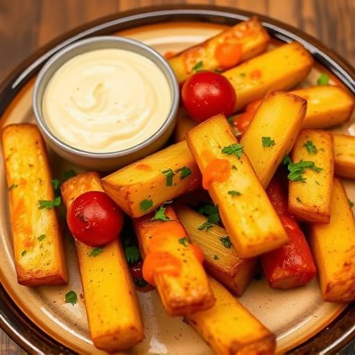 Patatas bravas servidas con salsa brava y alioli en un plato de cer&aacute;mica