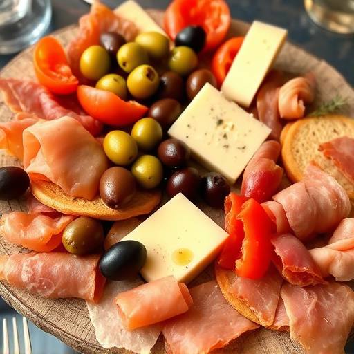 Un plato de tapas variadas con aceitunas, jam&oacute;n serrano y queso manchego