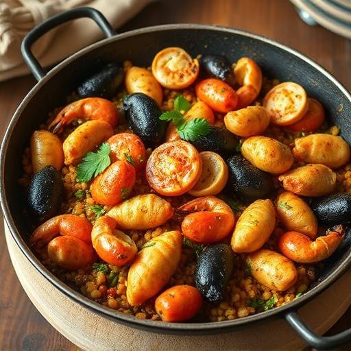 Una paella valenciana tradicional, con arroz, mariscos y pollo, servida en una paellera.