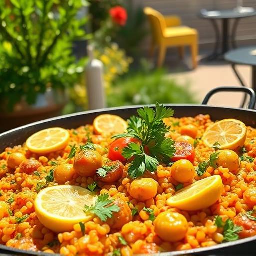 Una paella valenciana tradicional servida en una paellera con lim&oacute;n y perejil